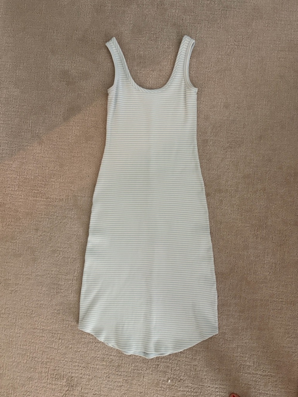 Sleeveless Scoop Neck Midi Tank Dress in White and Light Blue Stripes